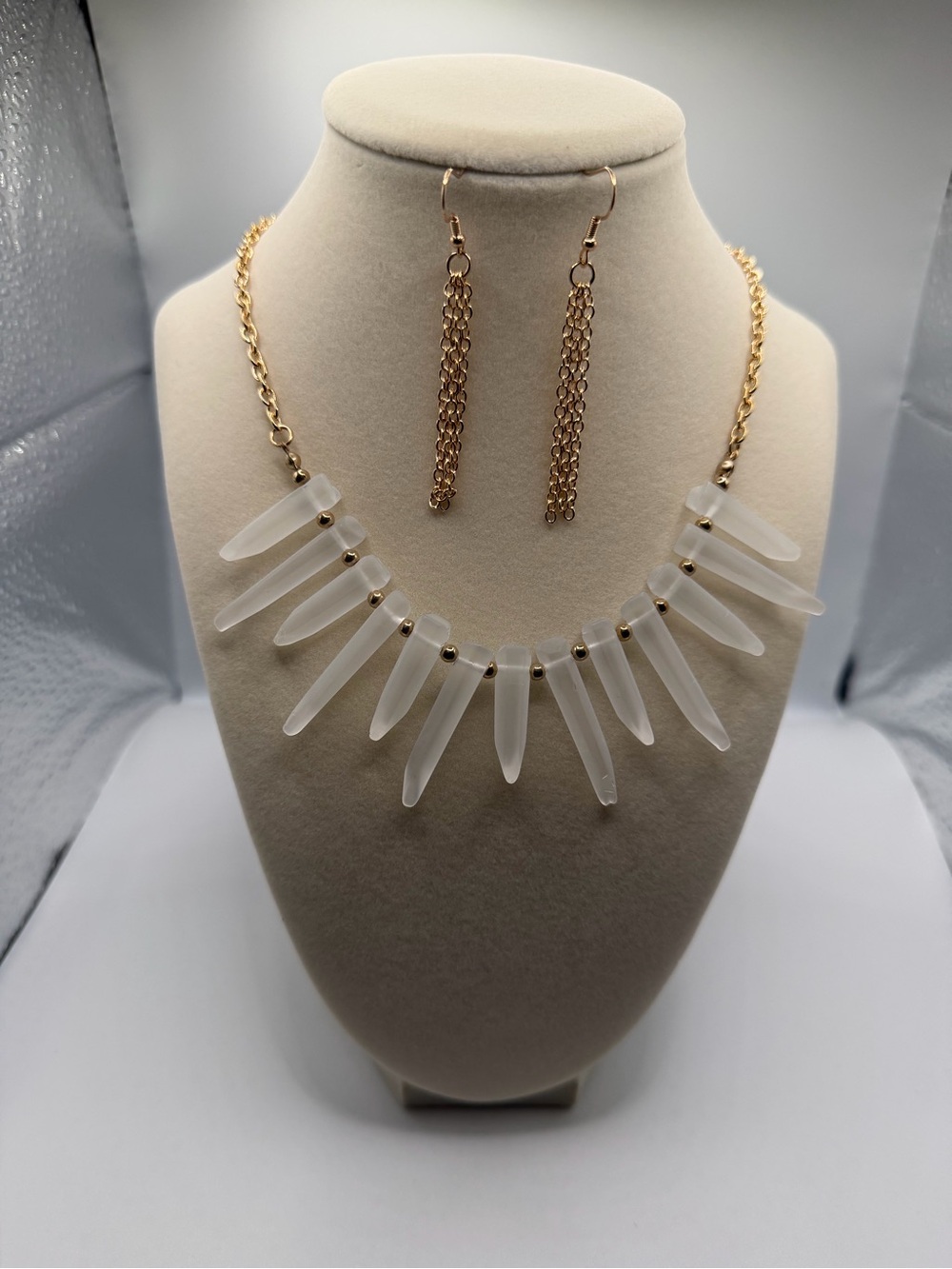 Gold-Tone White Spike Pendant Necklace & Earrings Set
